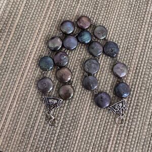 BJ Sterling Silver Clasp, Iridescent Double Strand Coin Pearl Bracelet